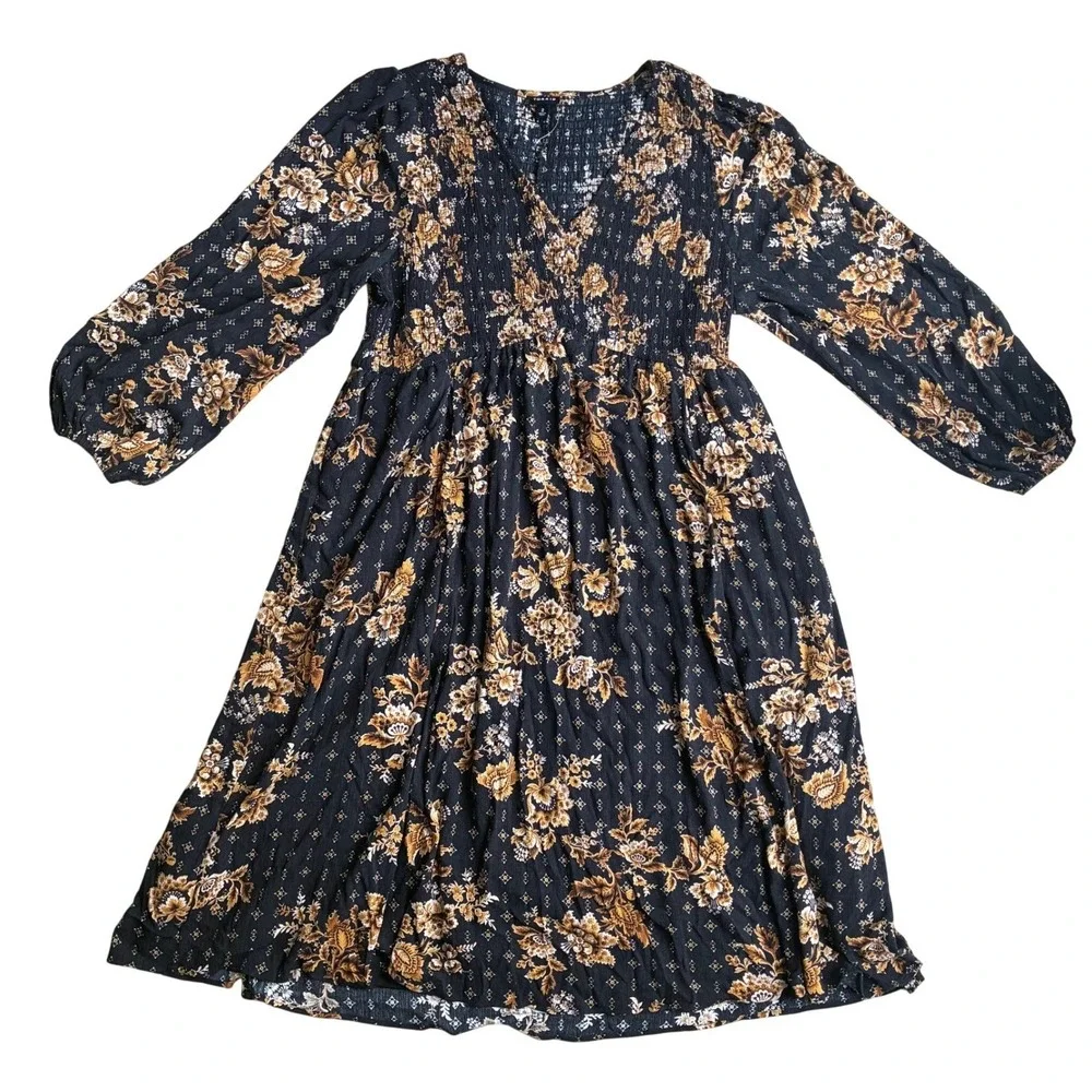 Torrid Floral Smocked V-Neck Boho Midi Dress Chic Romantic Peasant Size 2XL